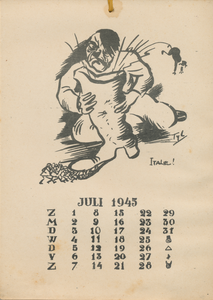 712914 Blad JULI 1945 van de ‘Mosquito-Kalender 1945’, uitgegeven door de illegale uitgeverij ‘Het Stichtse Pepertje’ ...
